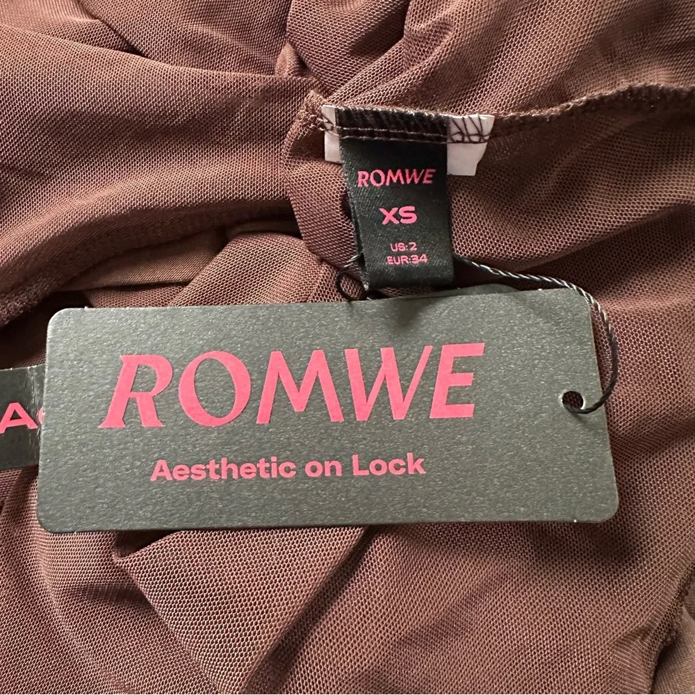 Romwe Brown The White Lotus Embroidered Tiered Hem Halter Mini Dress Sz XS - Picture 11 of 11